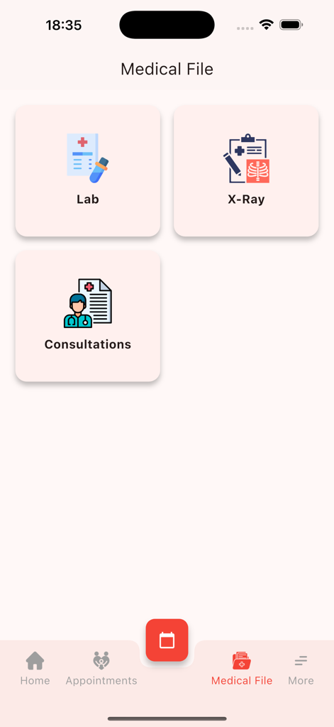 Aya Hospital - مستشفى اية - Aya Hospital app medical file screen showing lab x-ray and consultations icons
