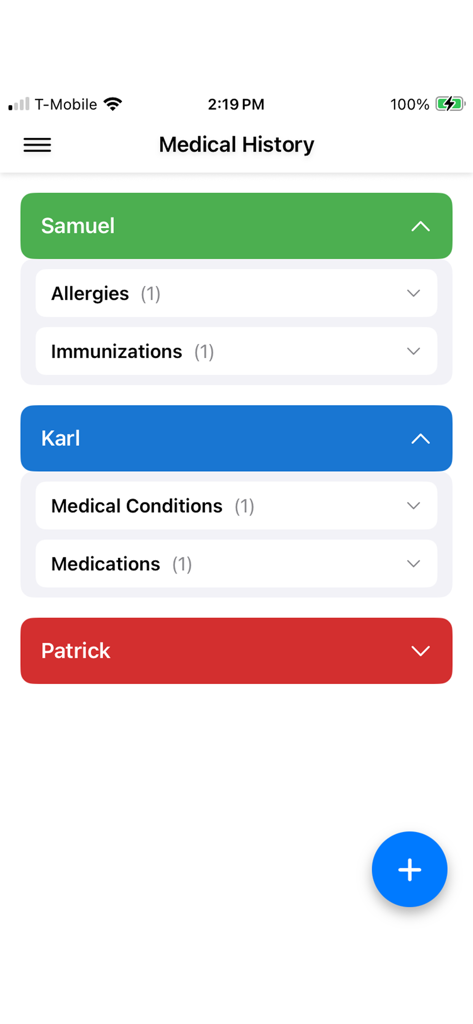 MamaMed - MamaMed app medical history screen showing organized health records for multiple children