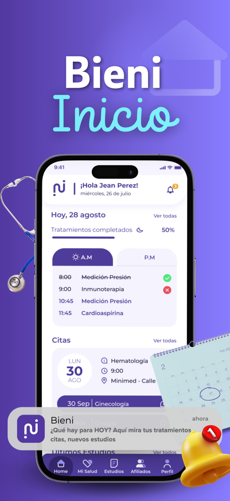 Bieni Gesundheits-App-Startbildschirm mit Tagesbehandlungsplan und medizinischen Terminen