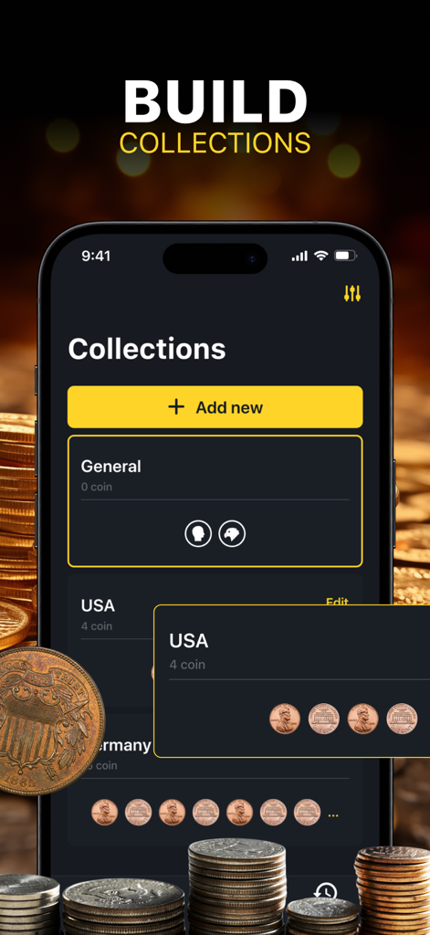 Coin Identifier: Money Scanner - Interfaz de aplicación móvil mostrando una pantalla de gestión de colecciones de monedas con carpetas para EE. UU. y Alemania
