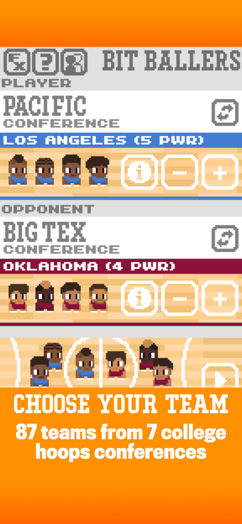 Team selection screen for Bit Ballers college basketball game featuring pixel art players