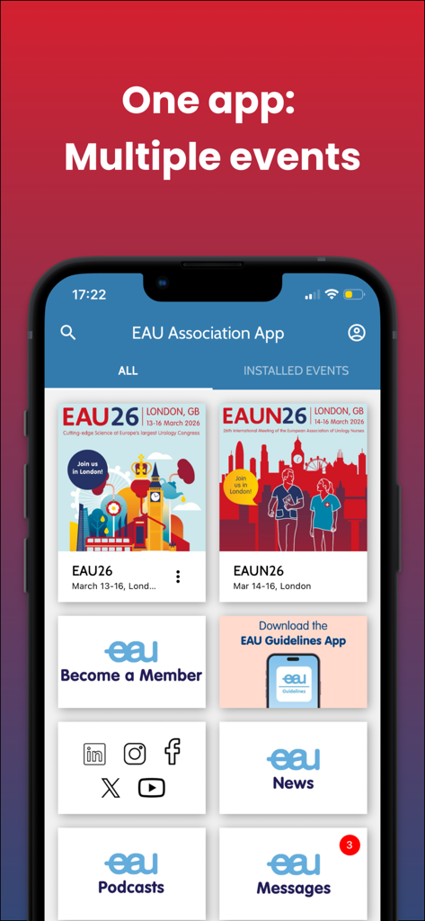 Painel do aplicativo EAU Urologia mostrando eventos médicos, notícias, podcasts e recursos de associação.