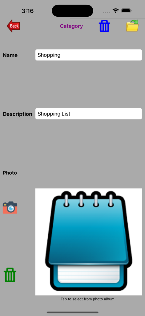 NotePad-Pro - Interface of NotePad-Pro showing the category setup screen for a shopping list with a customizable icon and name field