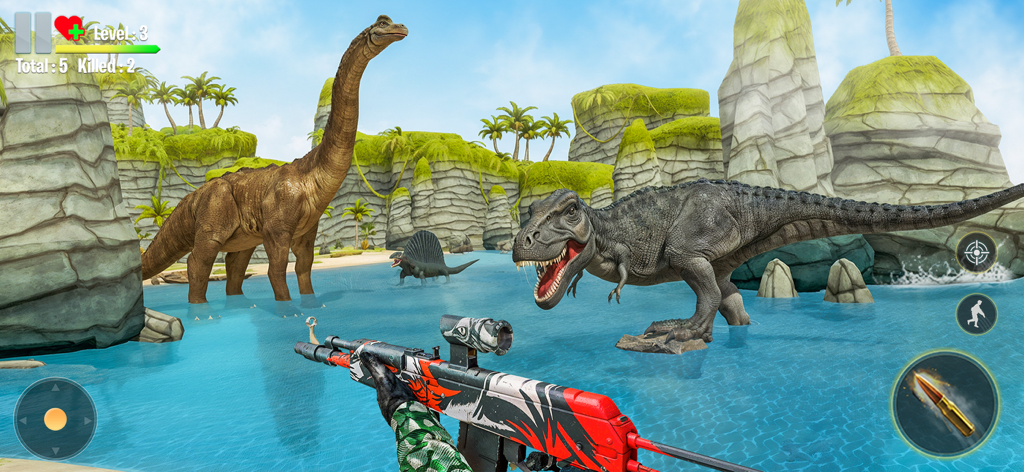 Dinosaur Hunting World Game - First-person shooter view of a sniper rifle aiming at multiple dinosaurs including a T-Rex in a tropical hunting environment.