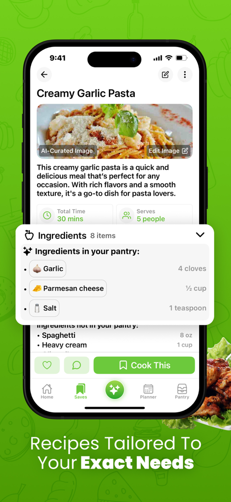 Interfaz de la aplicación Cookpanion que muestra una receta de pasta cremosa de ajo con ingredientes clasificados por disponibilidad en la despensa.