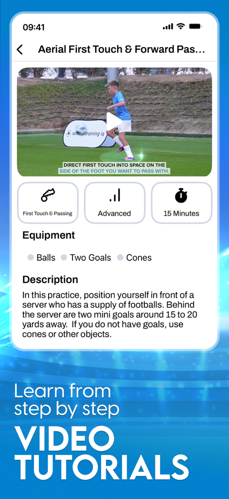 Soccer Training IQ - Soccer Training IQ app interface showing a video tutorial for an advanced aerial first touch and forward passing drill.