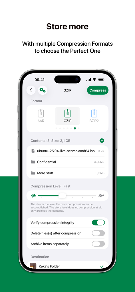Keka app interface on iPhone showing GZIP compression settings with file format choices and a compression level slider