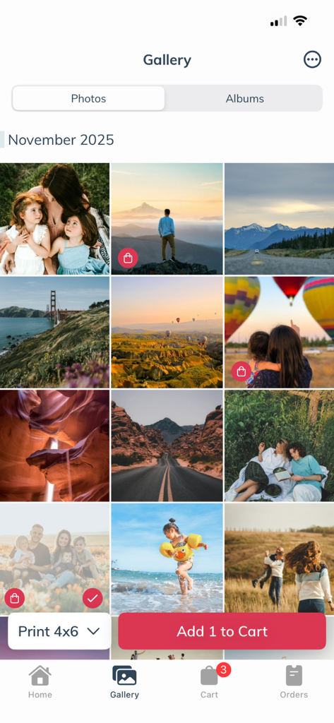 A photo gallery interface in the Picta x CVS Photo app showing family and landscape pictures selected for 4x6 prints