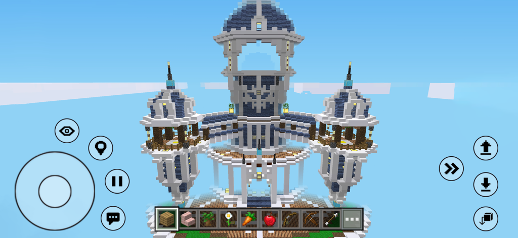 Mini Block City Craft - A large white and blue castle built in a voxel sandbox world