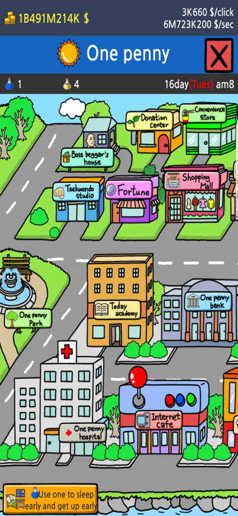 A cartoon map view of One Penny Village in the game Beggar Life 2 showing various shops and buildings like the bank and hospital.