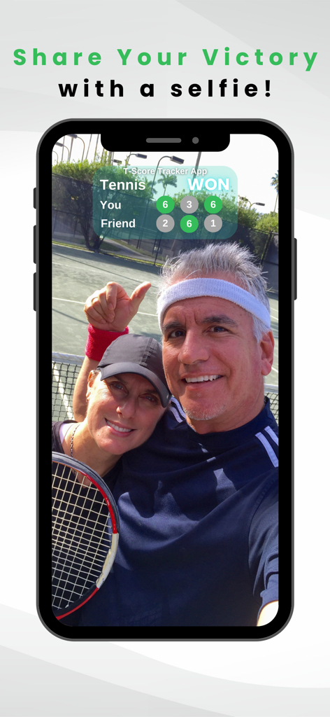 T-Score Tracker: Tennis - Two tennis players taking a selfie on court with a match score overlay from the T-Score Tracker app