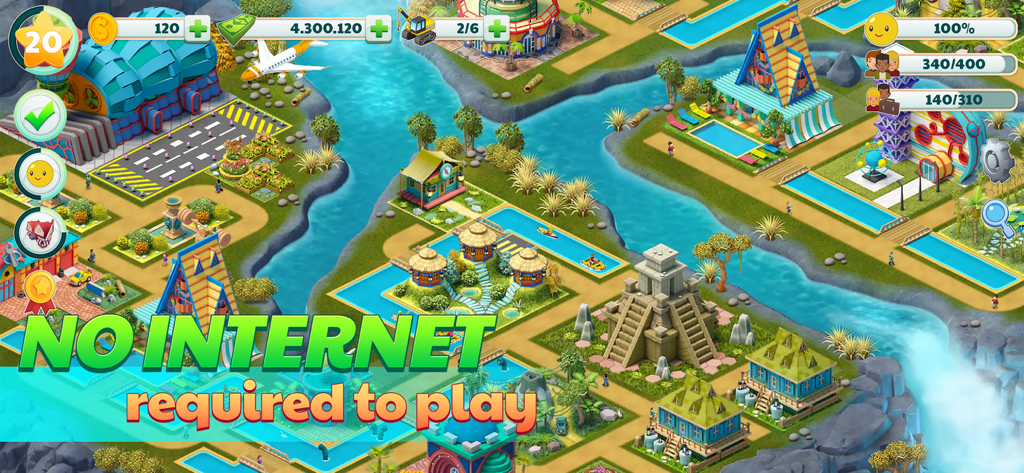 Town City - Building Simulator - Gameplay screenshot of Town City Building Simulator showing a tropical island city with various buildings and a text overlay stating no internet is required to play.
