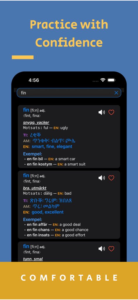 Lexin Offline - Interfaz de la aplicación Lexin Offline que muestra una búsqueda de palabras suecas con traducciones multilingües y ejemplos de uso.