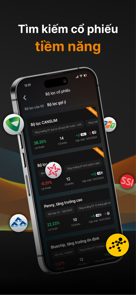 Mobile screenshot of the Simplize app showing stock filtering options for the Vietnamese market
