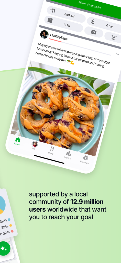 Screenshot of the fatsecret app showing a user food post with a photo of healthy donuts and daily calorie progress