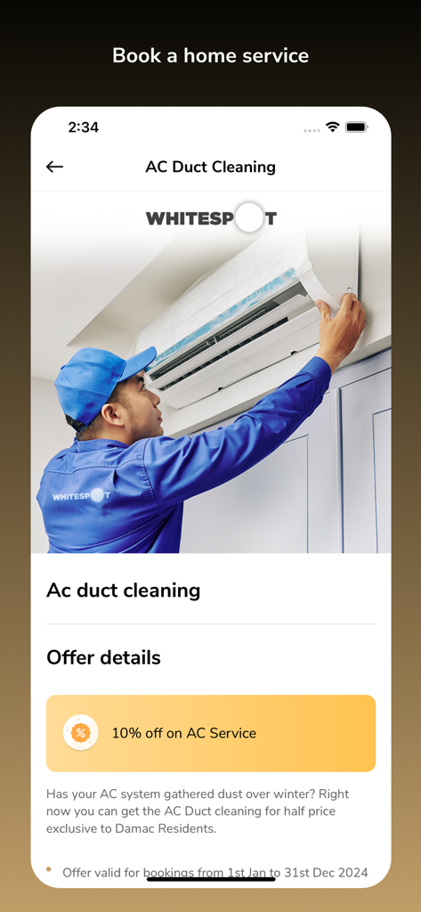 DAMAC Living - DAMAC Living app screen for booking AC duct cleaning home services with a 10 percent discount offer