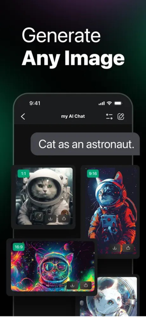 myAIChat - Chat Bot Assistant - A mobile app interface showcasing the AI image generation feature with cat astronaut examples