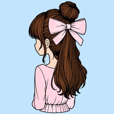 realistic girl  with hip length hair a bun and a big bow on the back of head