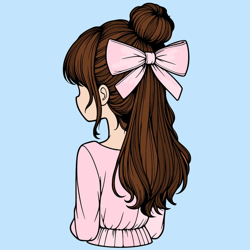 realistic girl  with hip length hair a bun and a big bow on the back of head