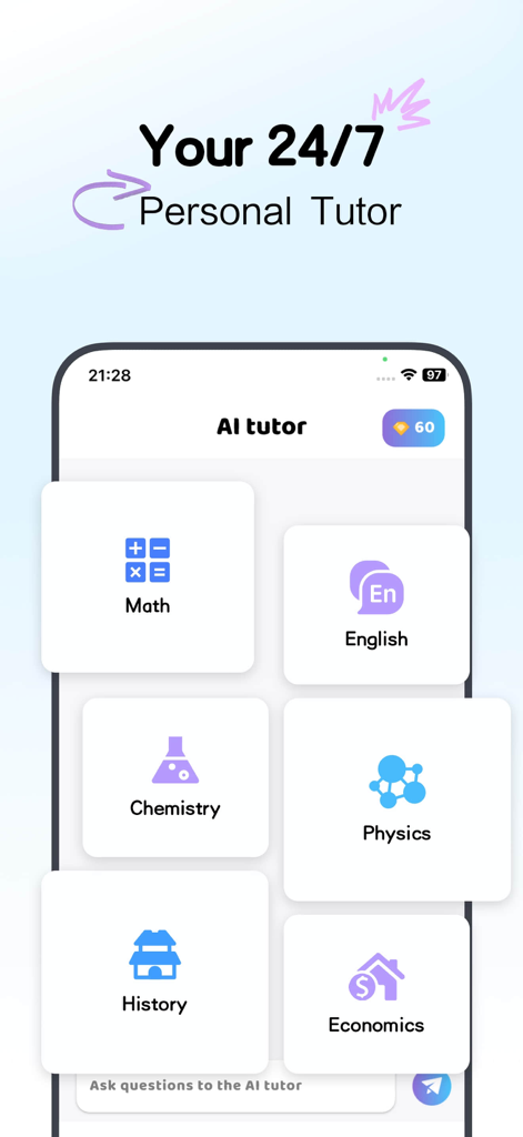 Goth AI - Math Problem Solver - Goth AI app interface displaying a 24-7 personal tutor with subject categories including Math English Chemistry and Physics