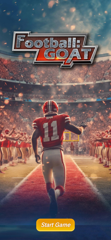 Football GOAT - Tela inicial do Football GOAT com um jogador em um uniforme vermelho entrando em um estádio lotado