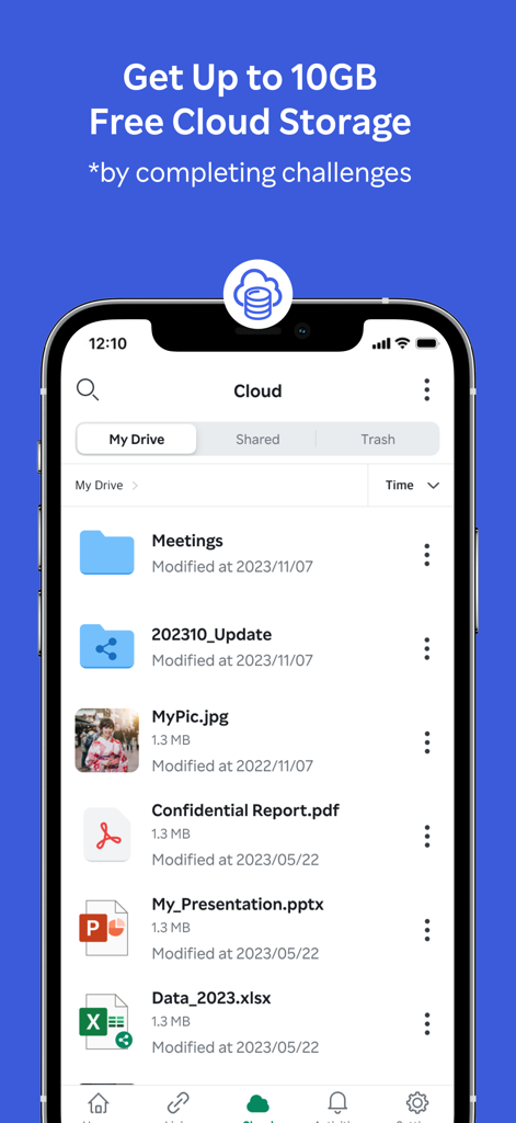 Rakuten Drive app screenshot showing cloud storage file management and 10GB free offer.