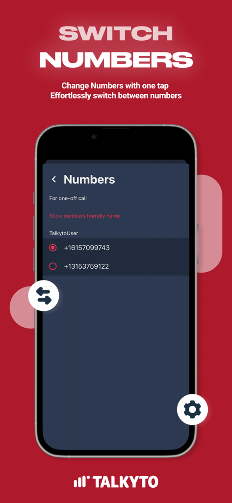 Talkyto app interface showing a list of virtual phone numbers for easy switching between business and personal lines