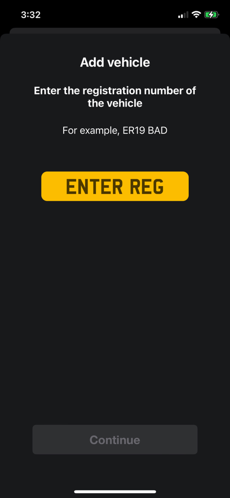 Add vehicle screen with a prompt to enter a UK registration number and a large yellow Enter Reg button