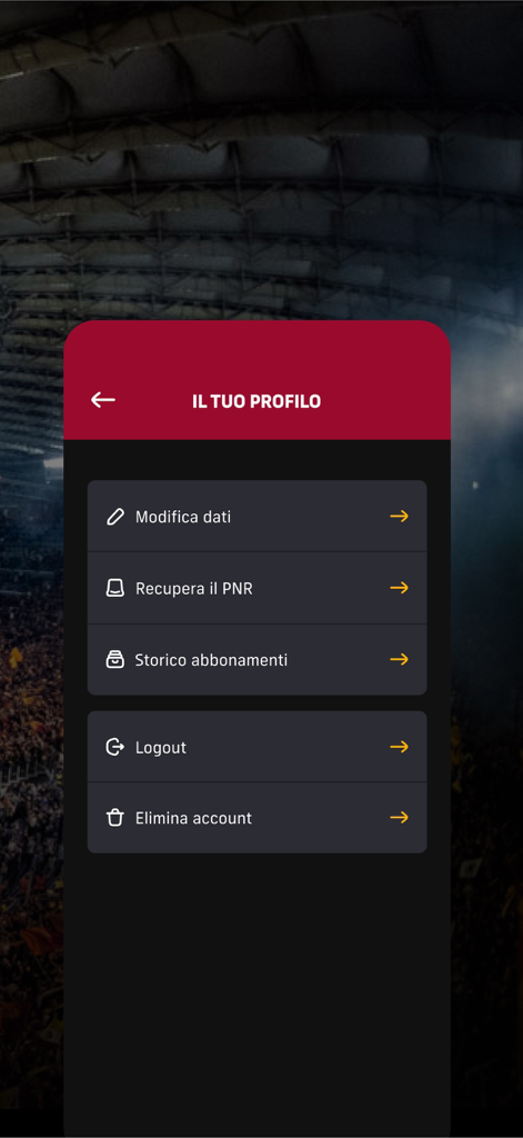 Schermata del profilo utente dell'app AS Roma Il mio posto che mostra le impostazioni dell'account e la cronologia degli abbonamenti
