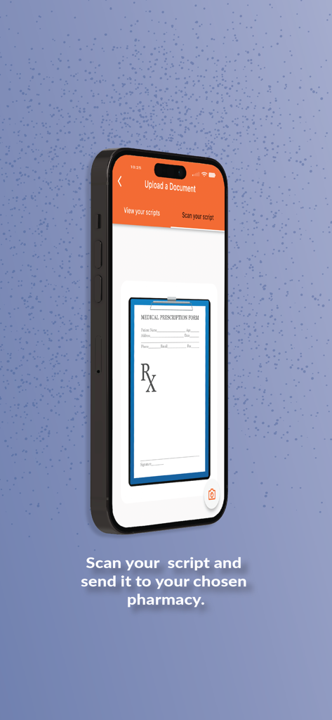MyTLC Health Companion - A mobile app screen showing the option to scan a medical prescription script to send to a pharmacy