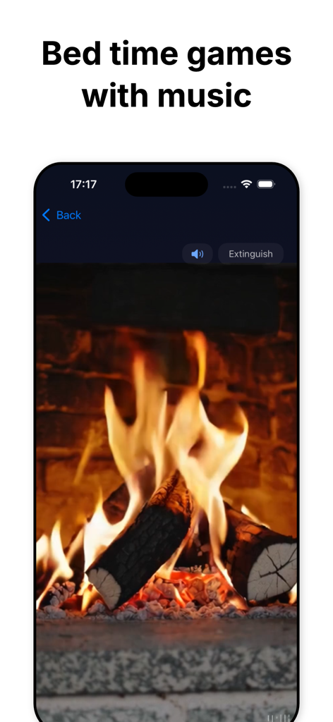 Cozy fireplace scene with relaxing music in the Sleep Games app interface.