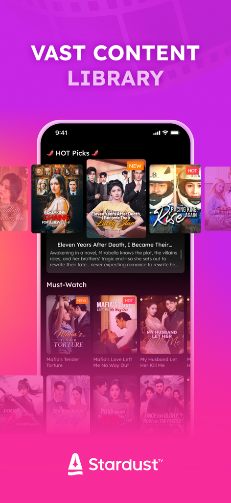 StardustTV mobile app interface showing a vast collection of short dramas and cinematic stories.