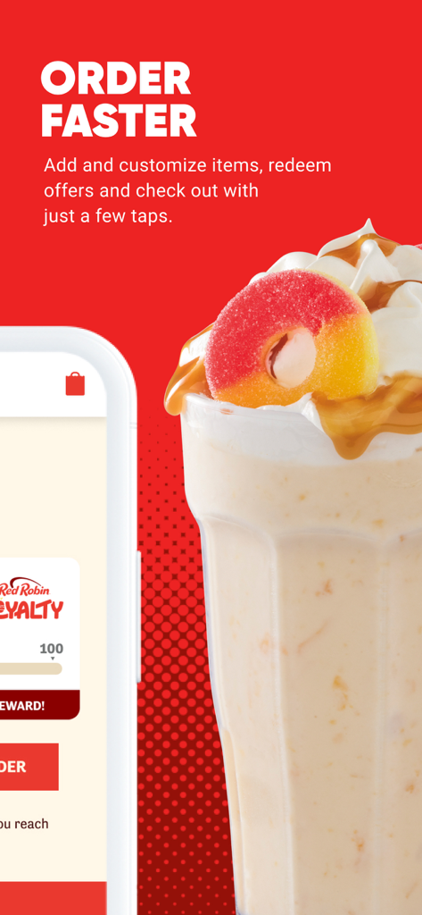 A close up of a Red Robin Monster Milkshake next to a phone displaying the ordering app and royalty rewards.