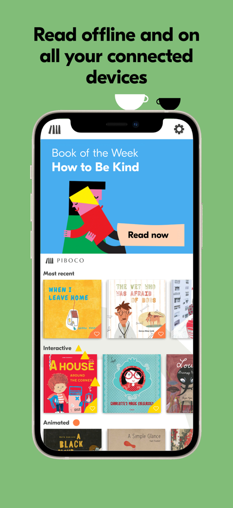 PIBOCO: kids books and stories - iPhone screen showing the PIBOCO app library with animated kids books and offline reading feature