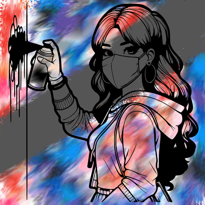 realistic girl with mask spray painting a wall