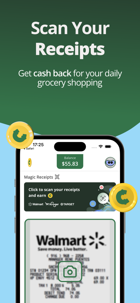 myCashery: Earn Money - Interfaz de la aplicación myCashery que muestra la función de escaneo de recibos para cashback de comestibles con un recibo de Walmart siendo escaneado