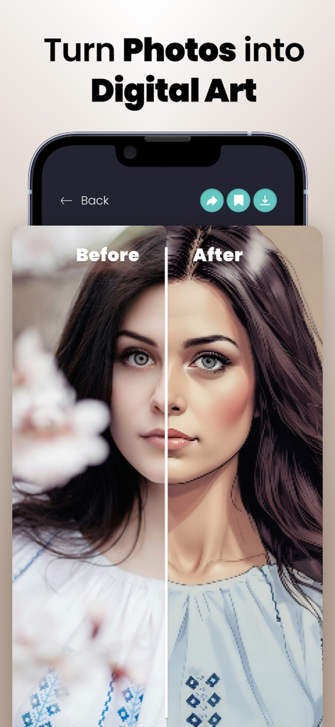 Vista dividida de antes y después de una foto transformándose en arte digital usando la aplicación Face Magic.