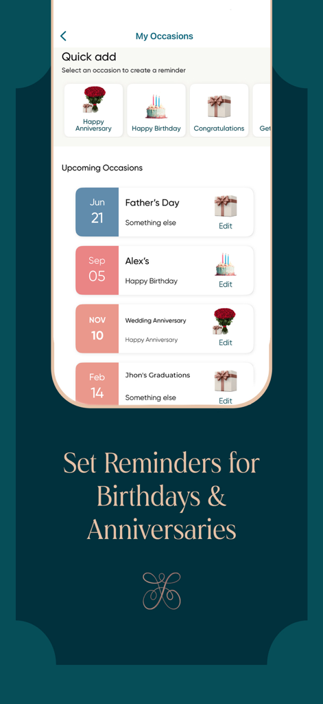 Floward app My Occasions screen showing scheduled reminders for birthdays and anniversaries