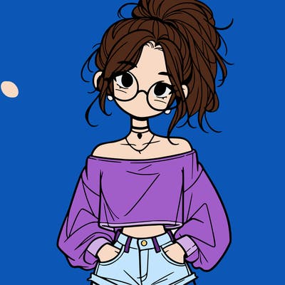girl with a messy ponytail glasses a baggy crop top and jean shorts