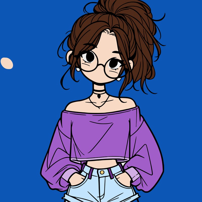 girl with a messy ponytail glasses a baggy crop top and jean shorts