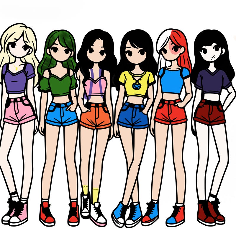 a group of girls wearing crop tops and shorts