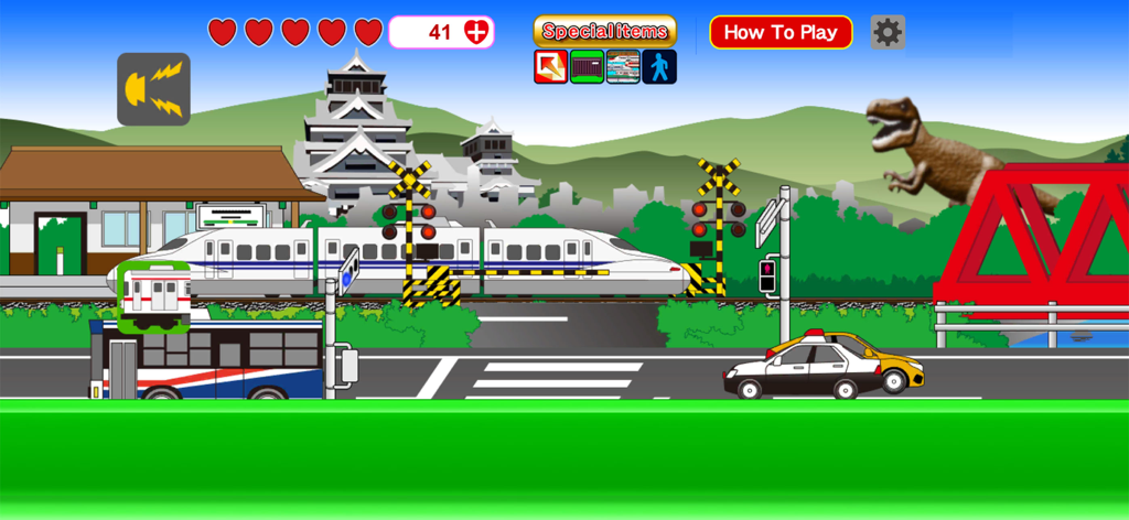 Working Car Vroom S - Gameplay scene with a bullet train, police car, and dinosaur in a colorful landscape