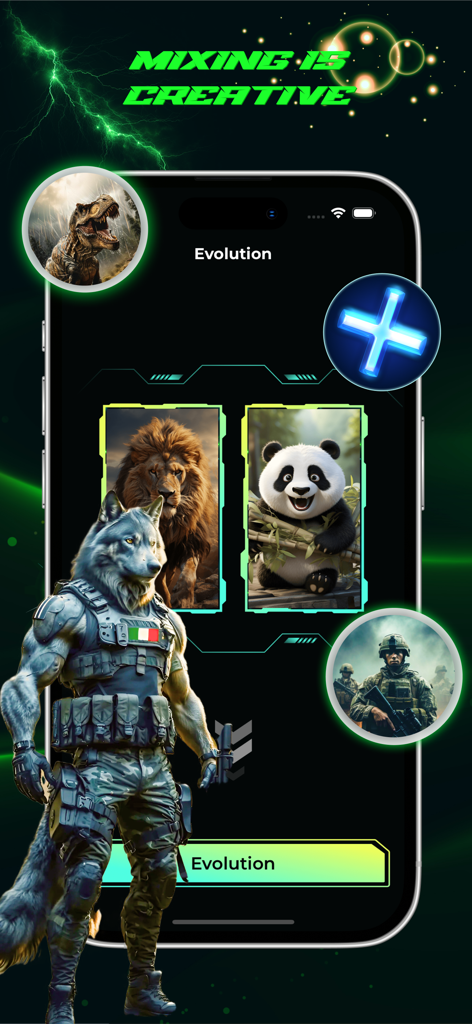 Animal Fusion & Mix Character - A mobile app interface displaying a lion and panda being merged into a new character