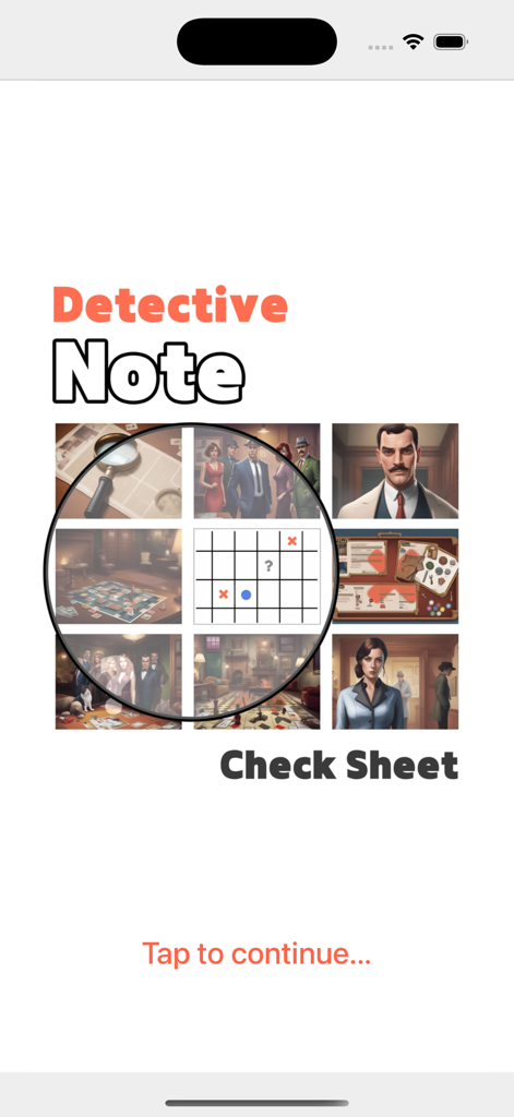 Detective Notes - Splash screen of the Detective Notes app featuring mystery board game characters and a deduction logic grid.