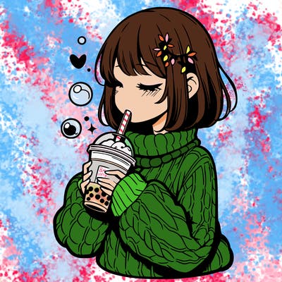 manga girl drinking boba in cozy sweater
