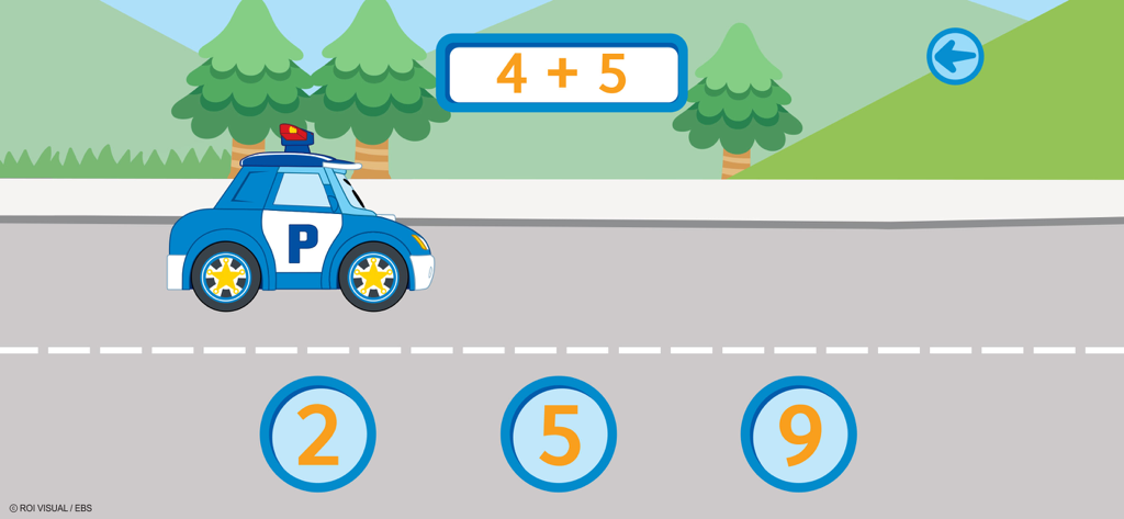 Robocar Poli New Adventures - Poli the police car solving a math addition problem in the Robocar Poli New Adventures app