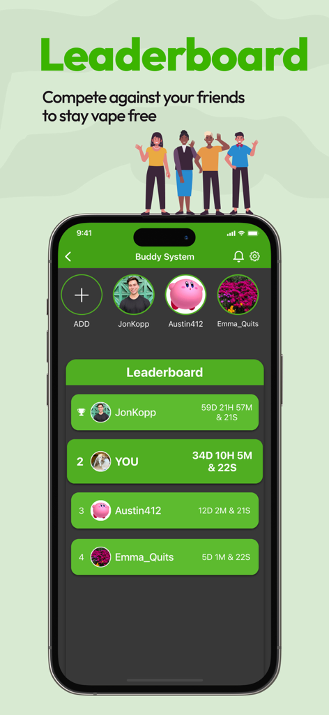 Leaderboard screen in the Quit Vaping app showing friends competing with their vape free streaks