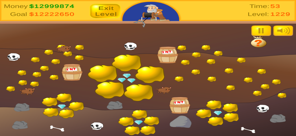 Classic Miner arcade game screen featuring gold nuggets and diamonds underground