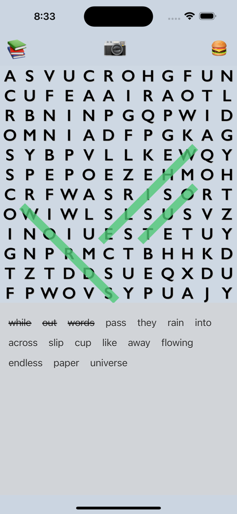 Find the words - Gameplay screen of Find the words app featuring a letter grid and a list of words to find.