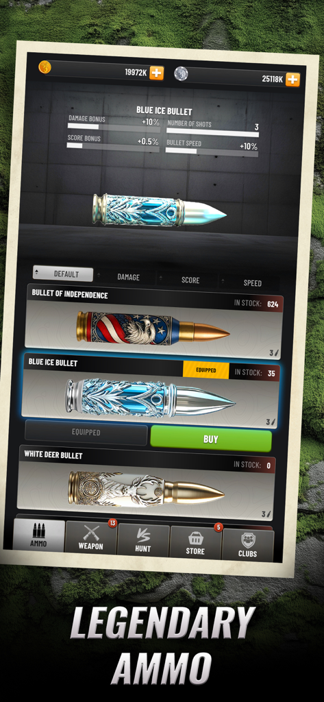 A menu in the Trophy Hunter app showing different legendary ammunition options like the Blue Ice Bullet with detailed stats and designs